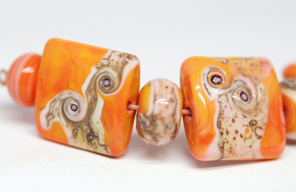 Handmade Lampwork Glass Bead Set - Coral Nuggets with Twised Silvered Ivory Shards