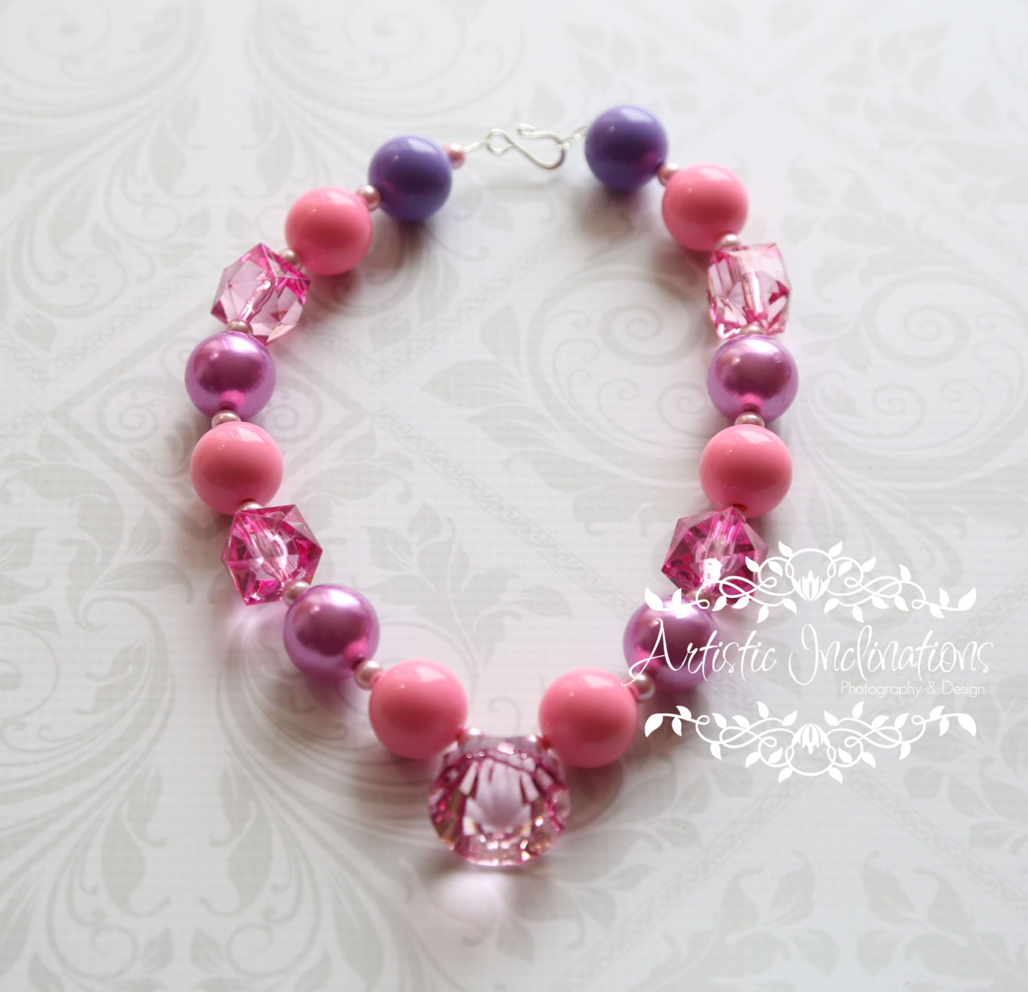 Pink and Purple Chunky Necklace with Pearls- Couture Photo Prop