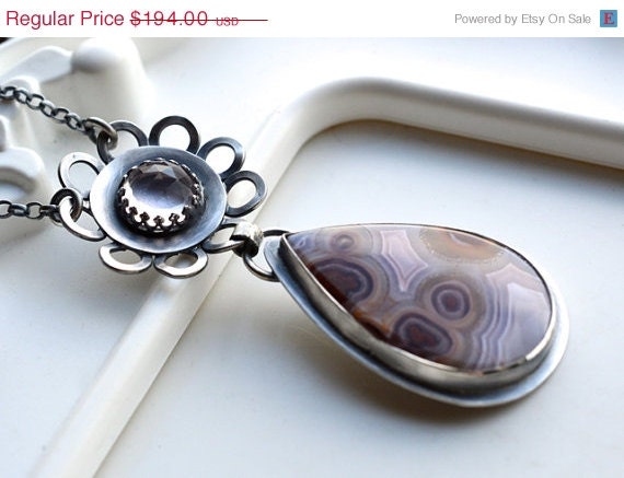 ON SALE Blooming Necklace, Agua Nueva Agate, Statement, Gemstone, Recycled Silver,Pendant, Botanical, Handmade, Oxidized, Metalwork