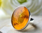 ON SALE Natural Baltic Amber Ring in High Polished Sterling Silver , Handmade, Modern,Classic, Cocktail Ring, Summer