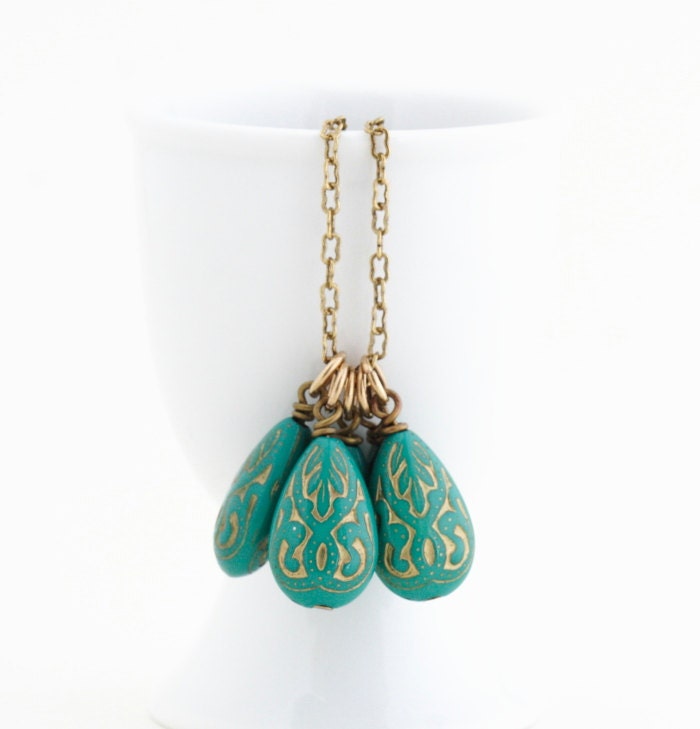 Turquoise Necklace, Gold Etched Vintage Beads, Brass Necklace
