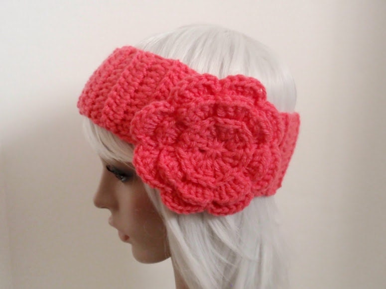 READY TO SHIP - Pink Crochet Ribbed Headband with Flower