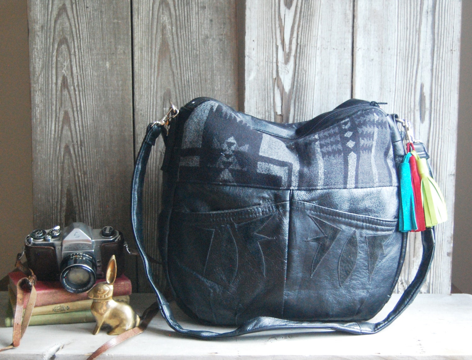 TUNDRA /// black leather bag with black and grey navajo southwestern fabric