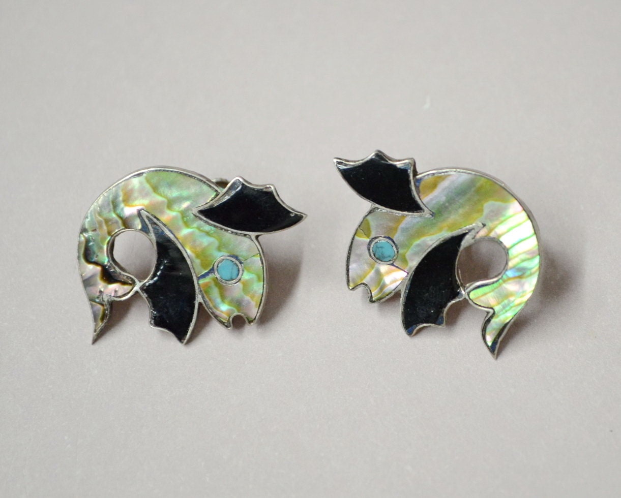 Vintage Sterling Silver Fish Earrings Mother of Pearl Onyx Taxco Mexico