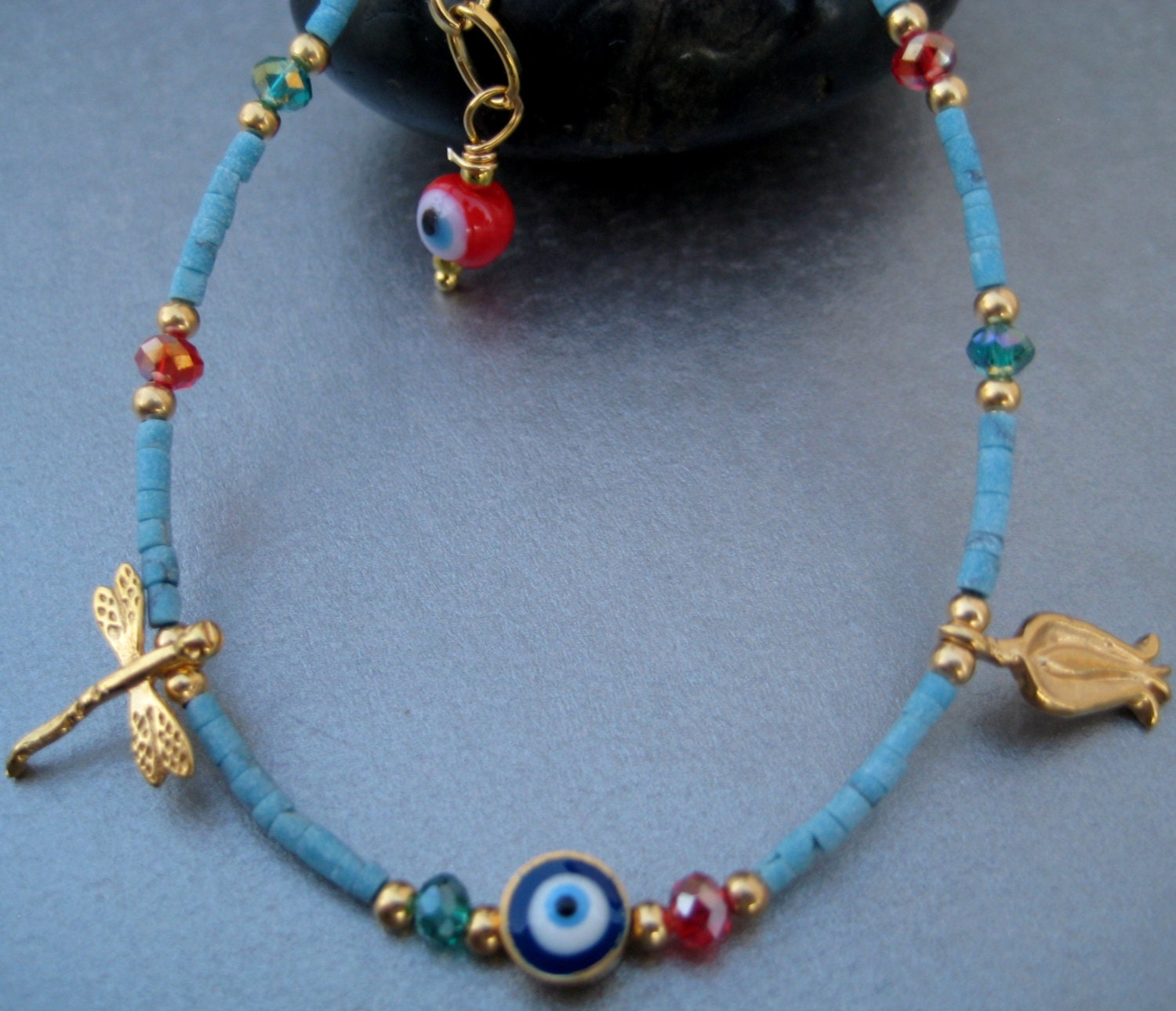 Rustic Zen Blue/Gold Story lucky Charm Lotus/tulip Bracelet  Beaded-Bracelet- Blue stone Turkish Evil Eye dragonfly charm Bracelet