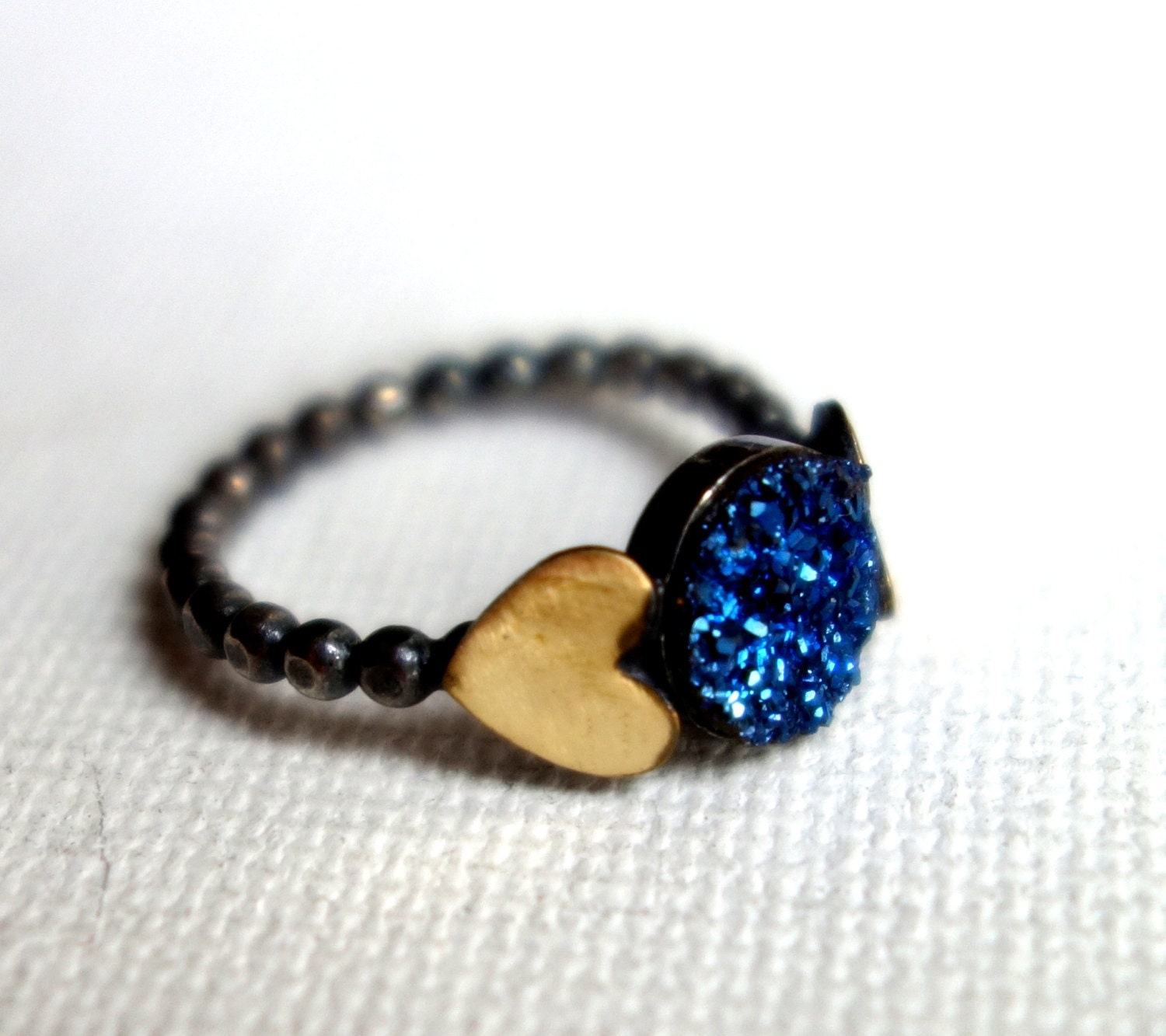 Midnight Blue Drusy on Beaded Band with Brass Hearts in Sterling Silver