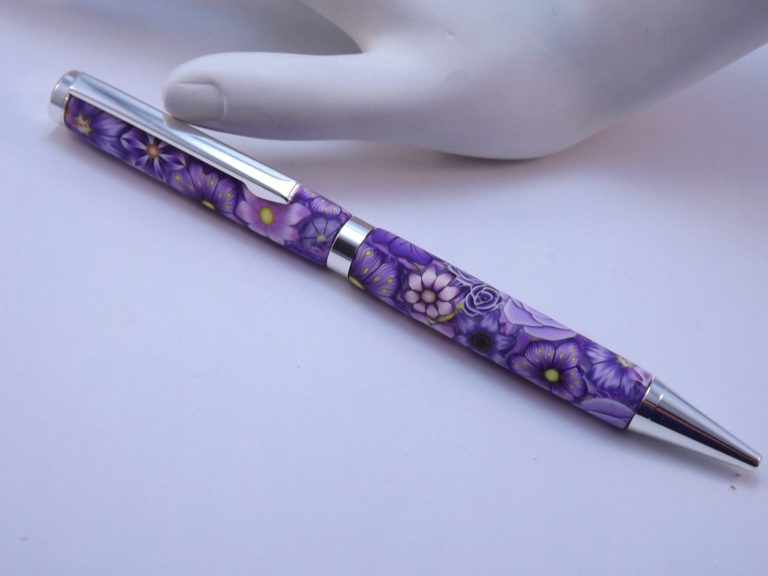 Purple Millefiori Floral Polymer Clay Silver Accented Pen