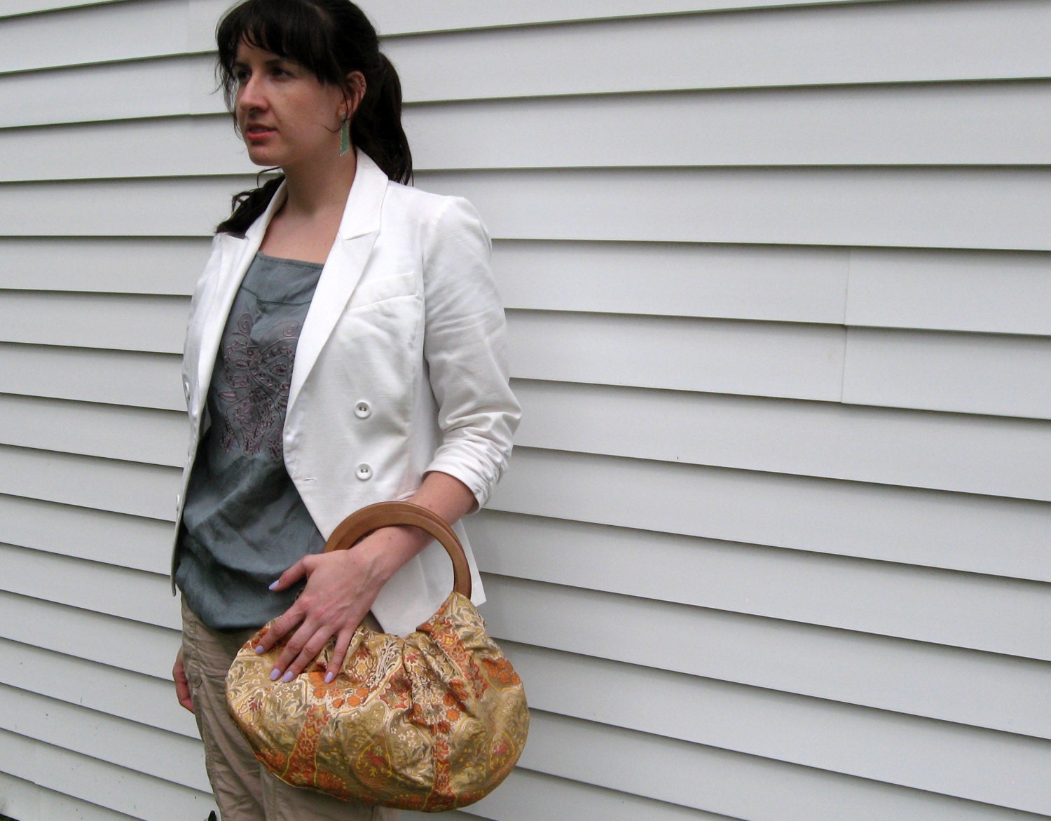 Golden Silk Handbag with Wood Handles - Handmade Purse