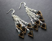 Brass Open Triangle Hematite and Silver Ball Dangle Tiered Silver Chain earrings Free USA Shipping