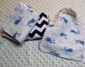 Cute Whales and Navy Chevron Boutique Style Bib and Burp Cloth Set