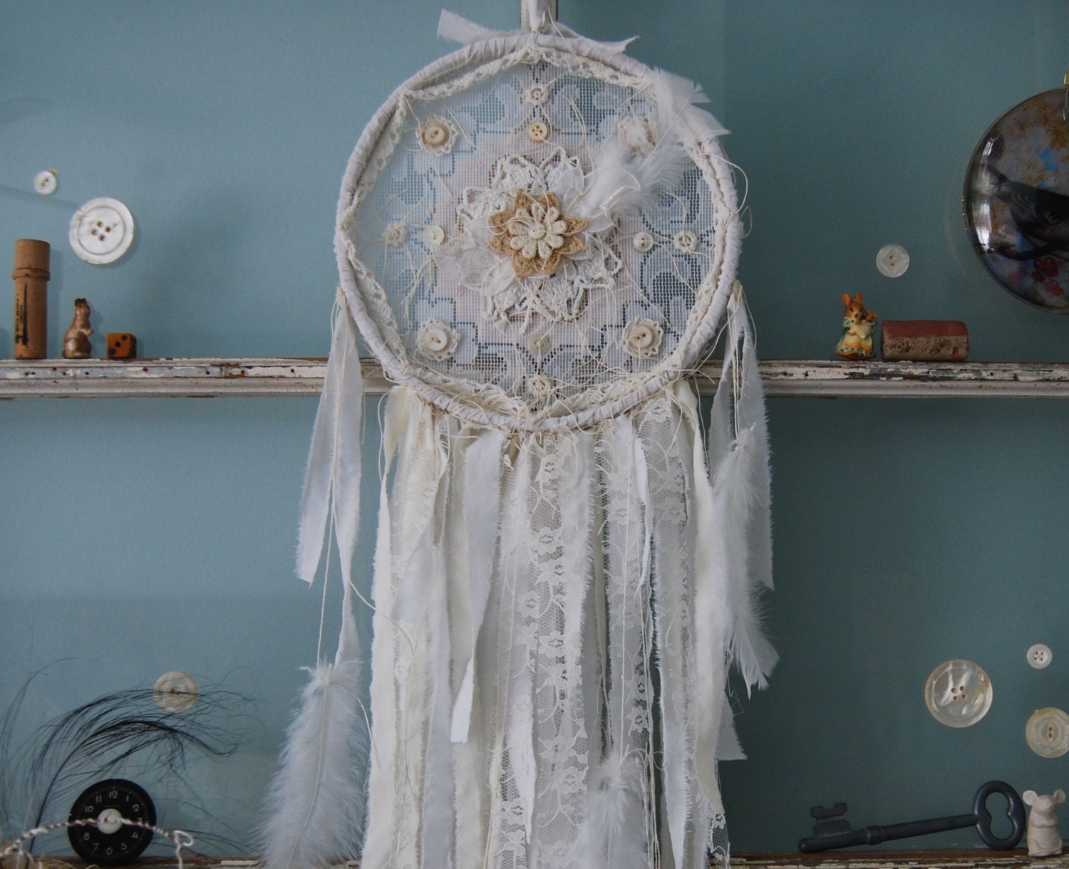 Flower Dreams - Abandoned Vintage Bits of Fabric Crochet and Lace Shabby Chic Dreamcatcher