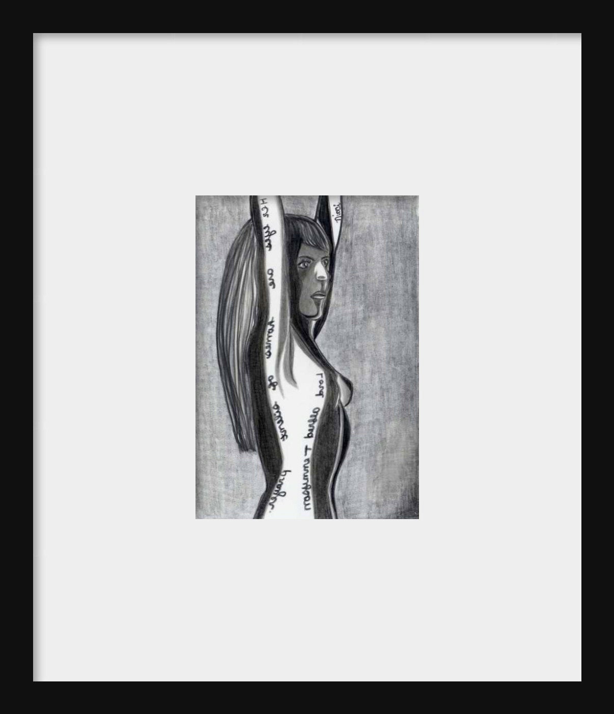 Aceo female nude pencil drawing art print with poet Lord Alfred Tennyson quote in mirror writing Silent