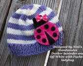 Knit LadyBug Baby Beanie Hat, Toddler Hat, baby accessories, girls hat, baby girl hat, fuchsia ladybug, lavender and offwhite hat