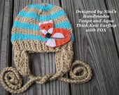 CHUNKY Knit Aqua and Tan FOX  Earflap Beanie-childrens accessories, childrens clothing,  animal hat