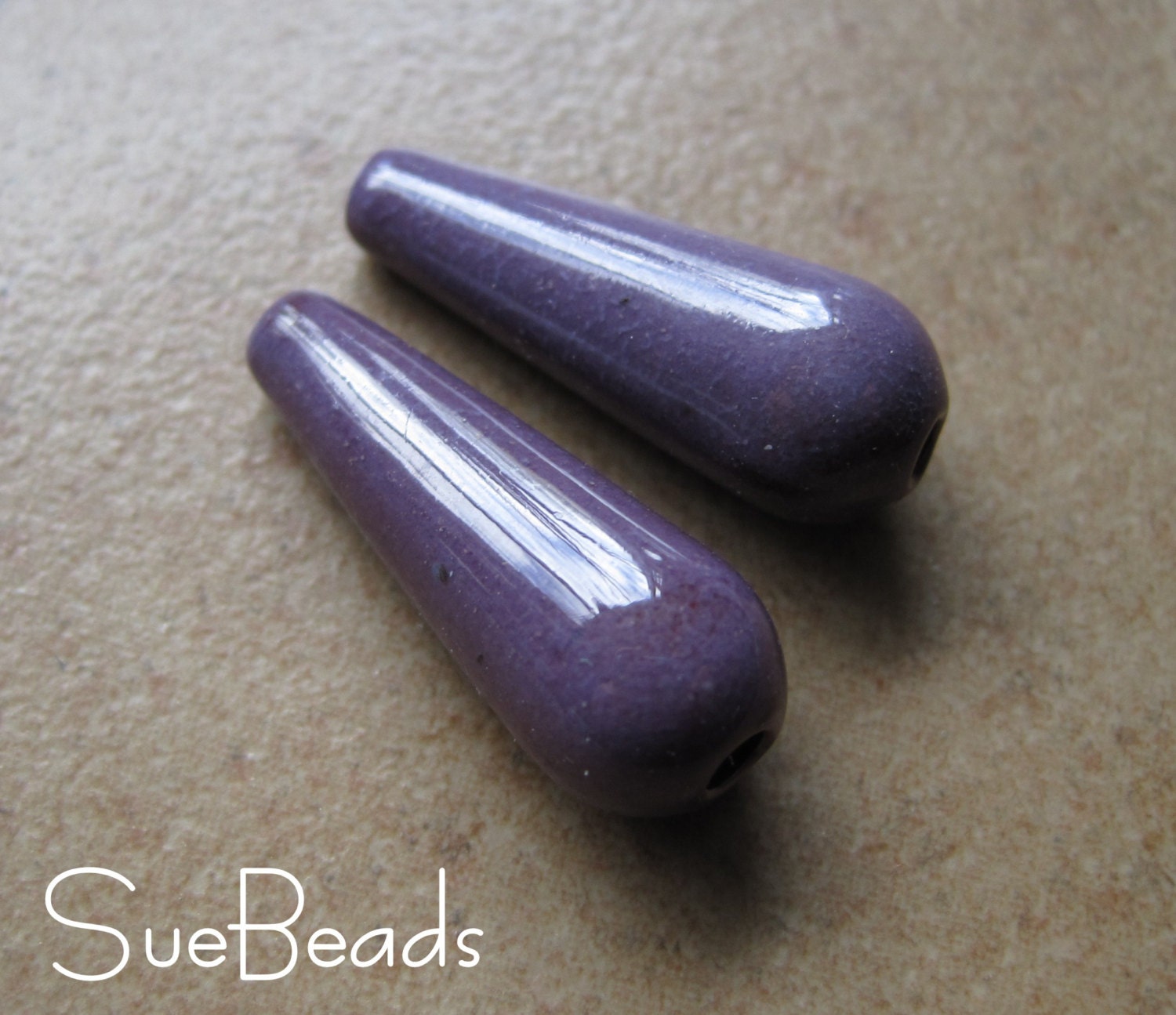 SueBeads - Purple Enameled Teardrop Bead Pair - Enameled Beads