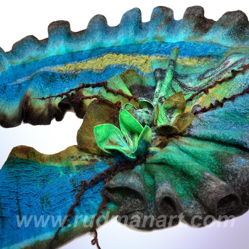 Felted scarf 3D ART made from wool and silk Teal Turquoise Olive Brown Green Shibori Tulips