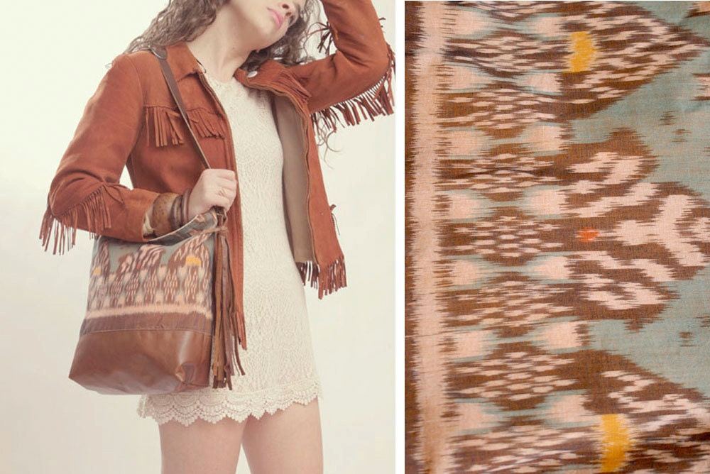 IKAT  BAG. Brown Leather Bag. Hobo Bag.  Aztec Print Bag. Adjustable Strap. Ikat Tote Bag.