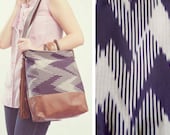 CHEVRON BAG. Brown Leather Bag. Hobo Bag.  Aztec Print Bag. Cross Body Strap Bag. Adjustable Strap. Ikat Tote Bag.