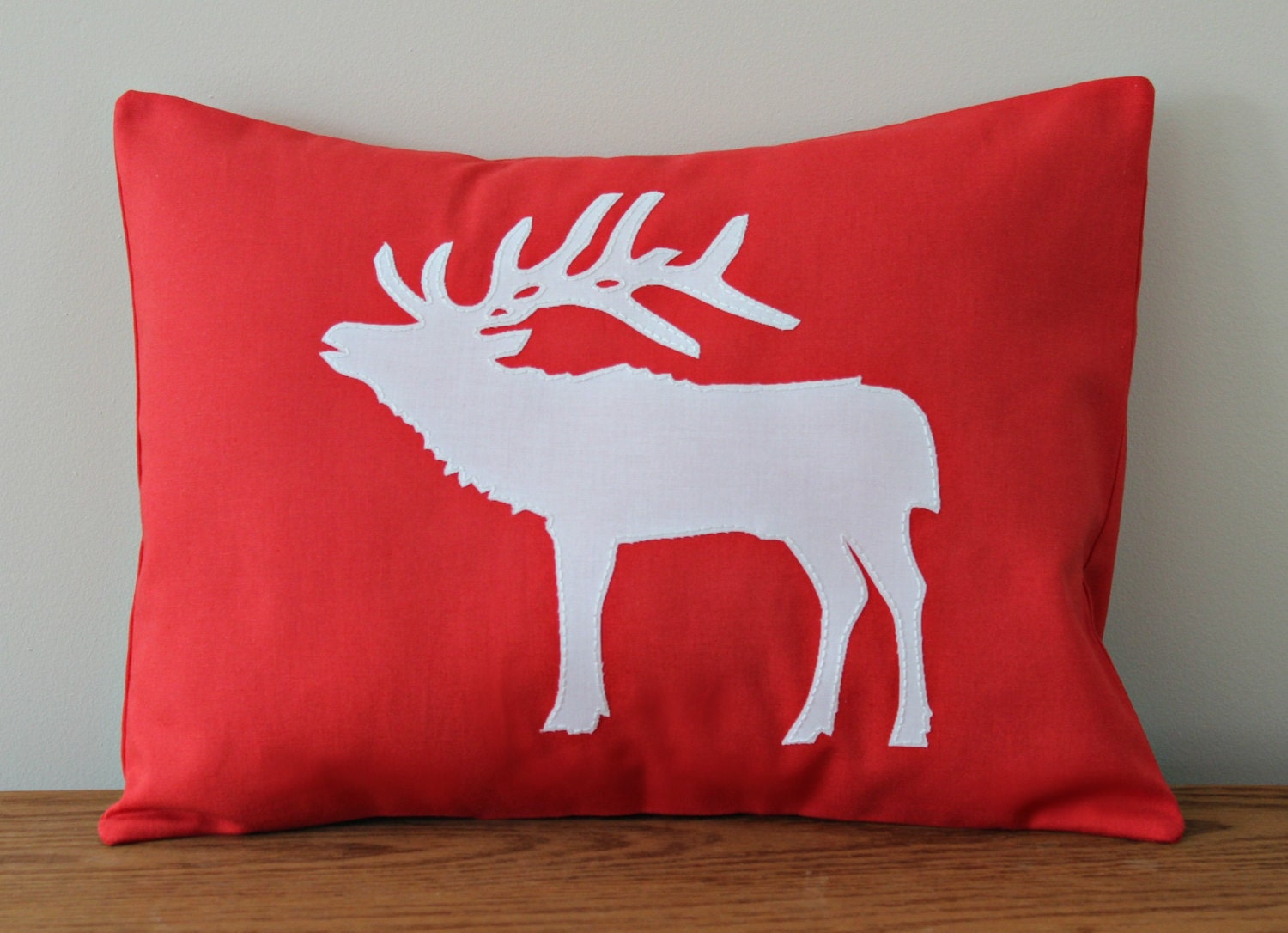 Bugling Elk Stag Applique Pillow Cover. Coral Red and White. Customizable.