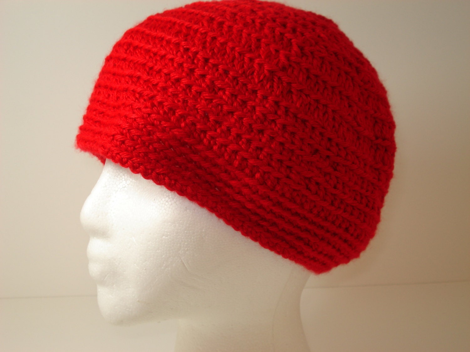 Simple Crocheted Beanie Hat - size M/L, Red