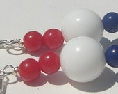 red, white, and blue round acrylic bead pierced dangle hand made wire wrapped earrings