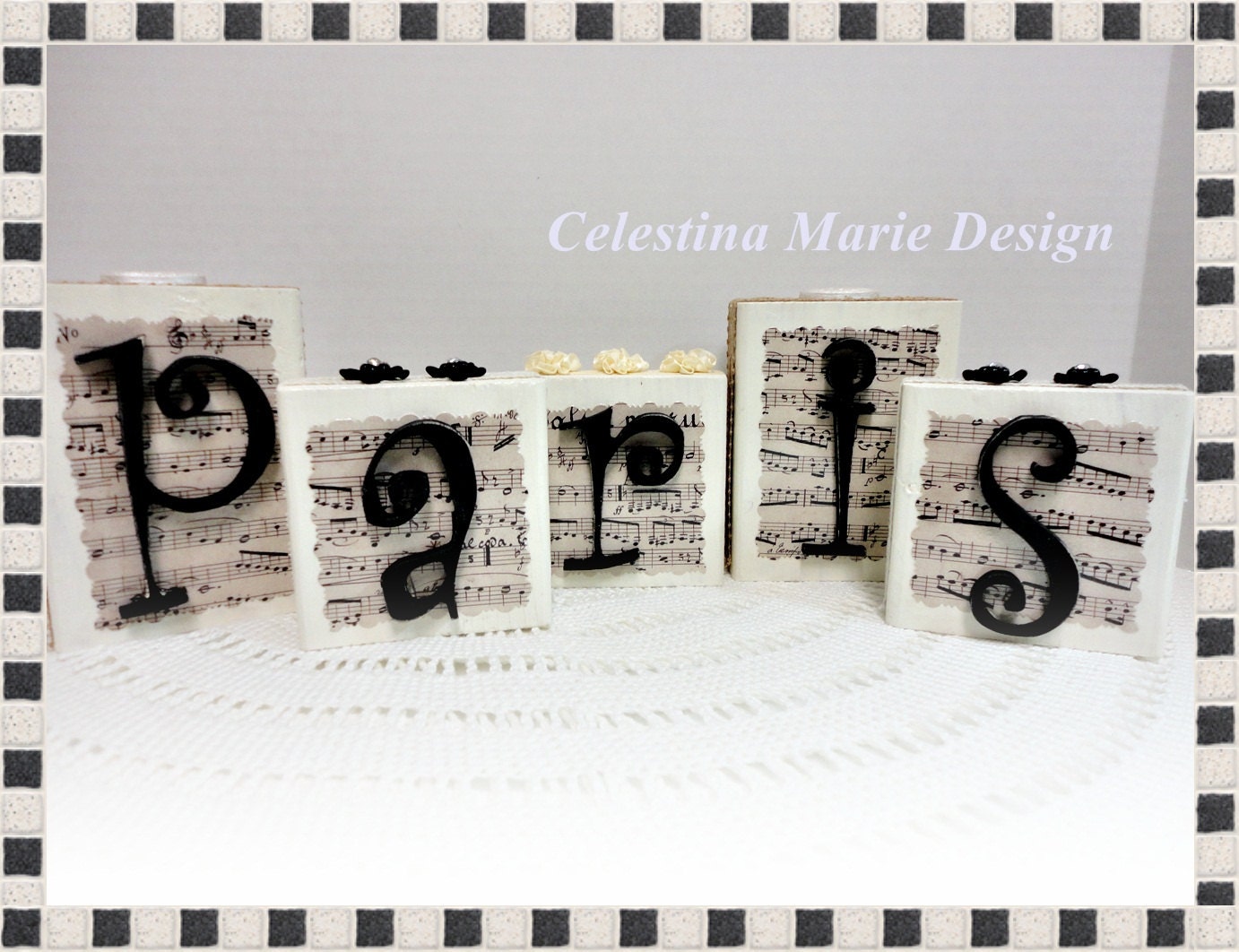 Music of Paris Wood Block 5pc Letter Set, Hand Painted and Embellished,ECS, CSSTeam