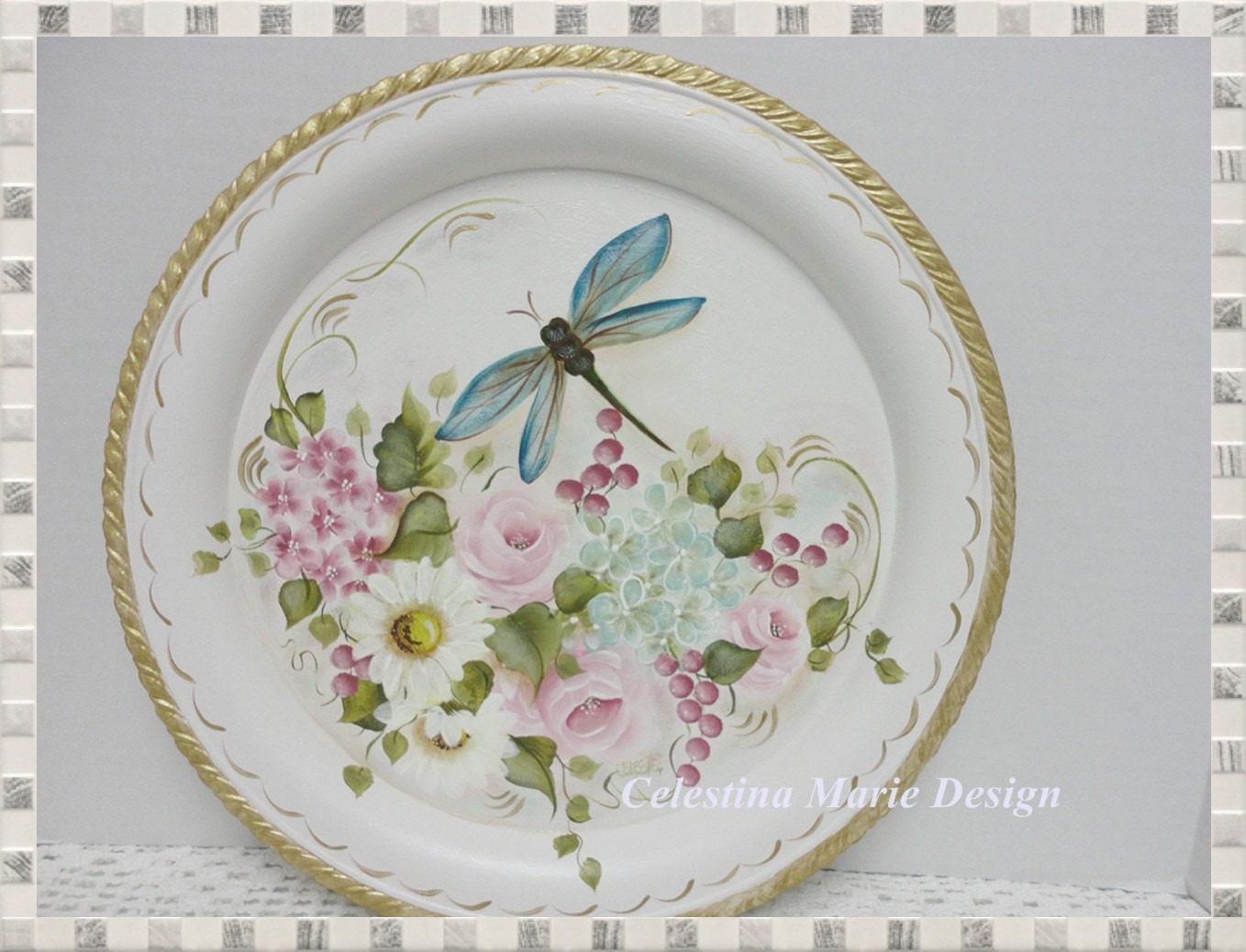 Springtime Flower Garden Tray with Dragon Fly, Hand Painted, ECS, CSSTeam