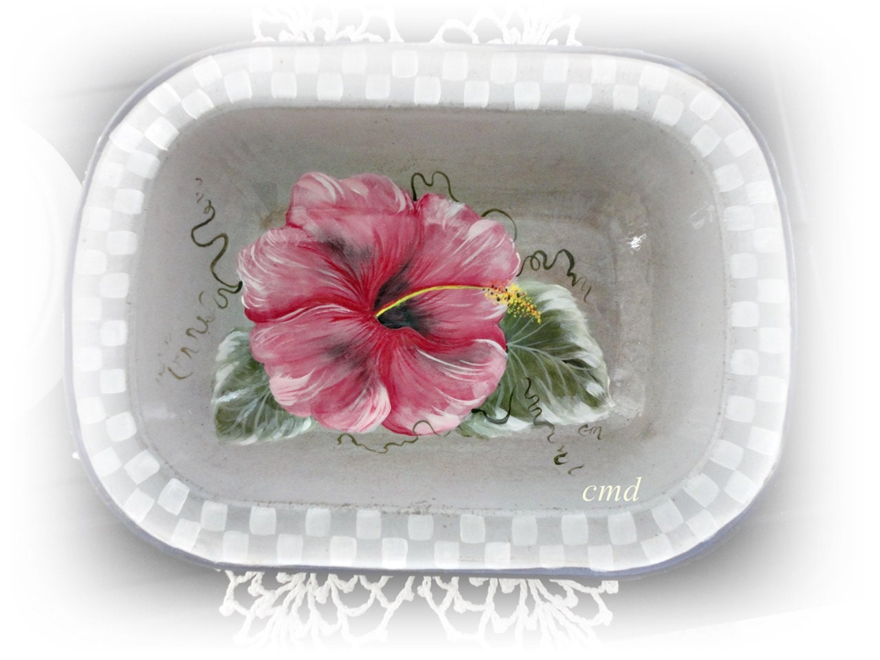 Metal EnamelWare Rectangular Bowl, Hand Painted with Hibiscus Flower, CSSTeam, ECS