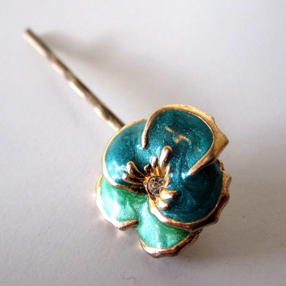 Leprechaun Hairpin - repurposed vintage enameled metal flower on bronze hairpin - Free Shipping to USA