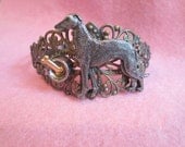 Lovely Antiqued Brass Filigree Figural Greyhound Bracelet with Bowl and Bone-limited edition