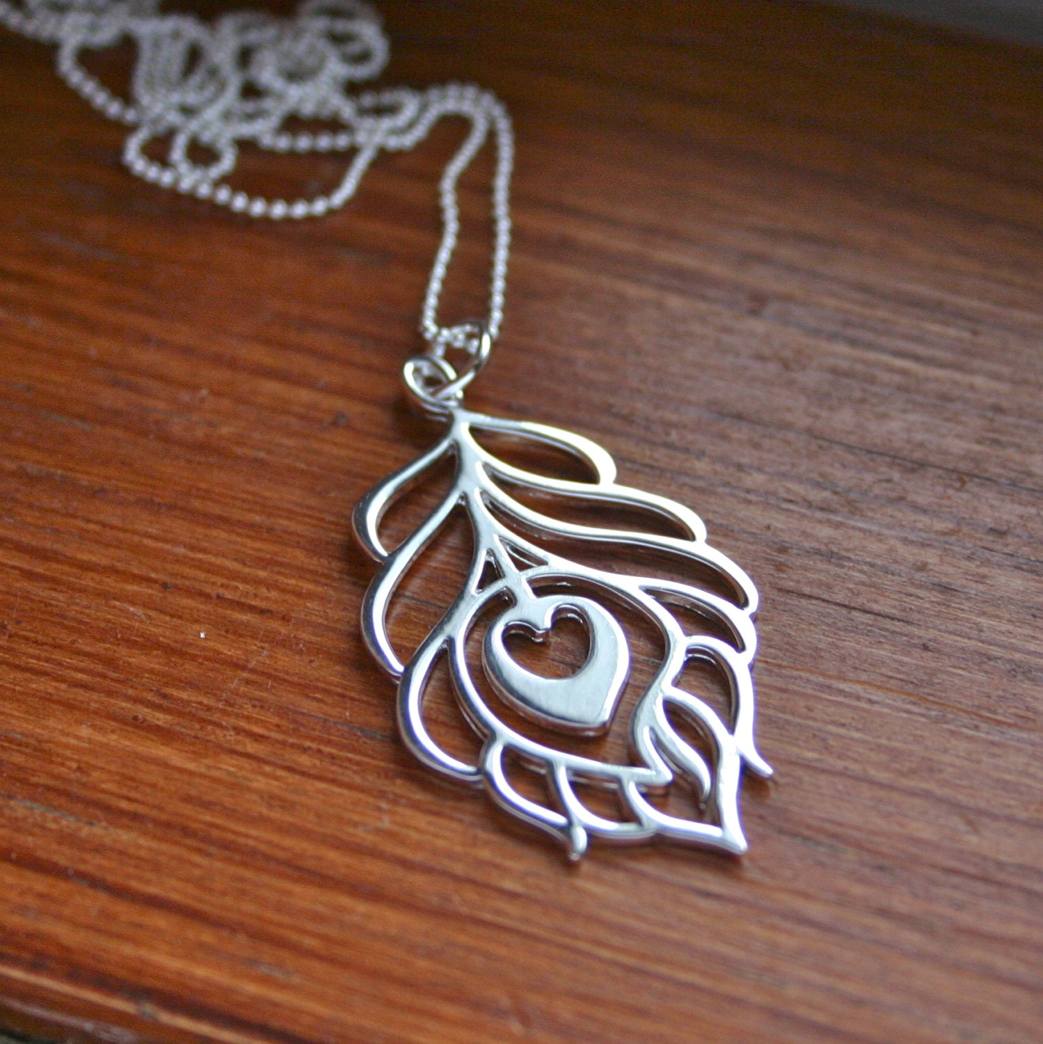 Large sterling silver peacock feather necklace