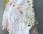 White and Pink Nuno Felted Doily Shawl Wrap - Vintage Warm Winter Shawl - Shabby Chic Sustainable Eco Fashion Upcycled