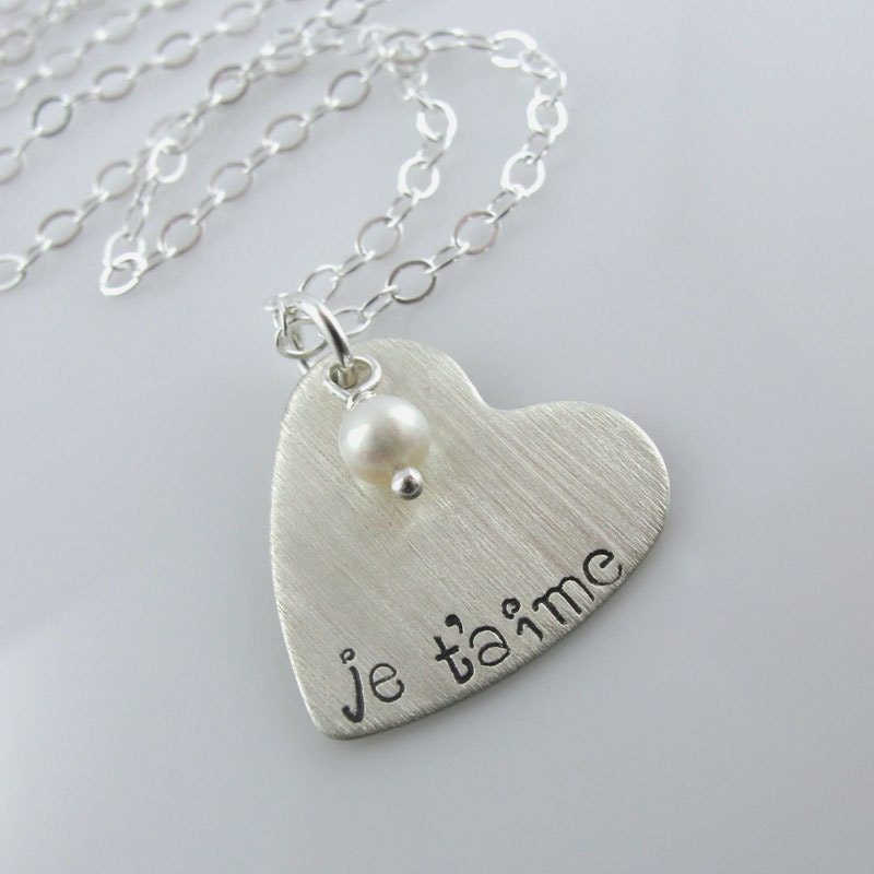 Je t'aime Heart Necklace - 7/8" Hand Stamped Sterling Silver Heart, White Fresh Water Pearl