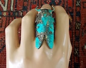 Adjustable Steampunk Cicada Ring, Black and Turquoise V, Insect Jewelry, Insect Ring, cicada jewelry, cicada ring, Gothic, goth
