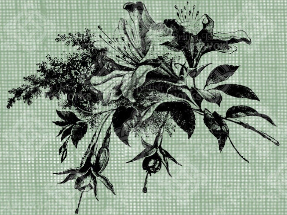 Digital Download Vintage Lily and Fuschia Spray, digi stamp, digis, Floral Bouquet with leaves and flowers, Antique Illustration