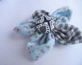 Flower handmade fabric brooch with polymer clay button pale blue blue  grey gingham
