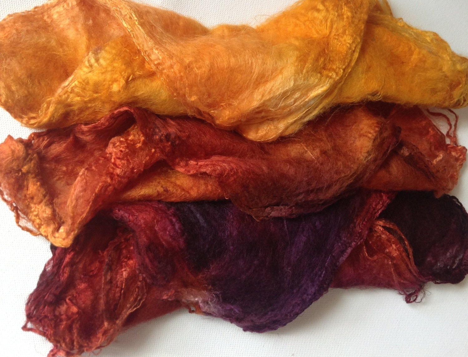 Hand Dyed Mawata mulberry Silk Hankies Pack 20g Plum and Ginger