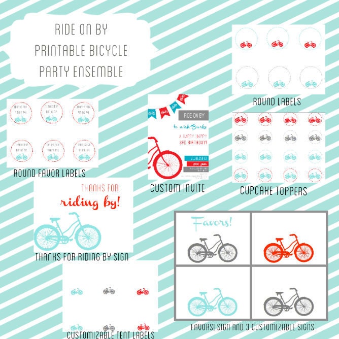 essential RIDE ON BY printable ensemble for a bicycle birthday party or bike baby shower