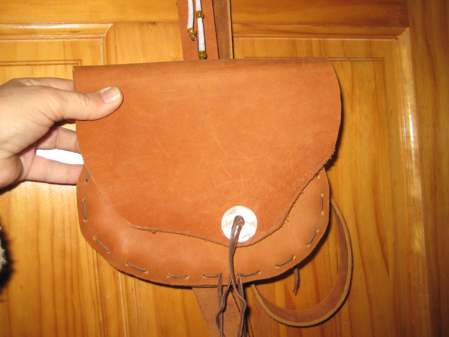 Heavy Leather Bag w/Dentallium Shell, Vintage Button, French Glass Beads