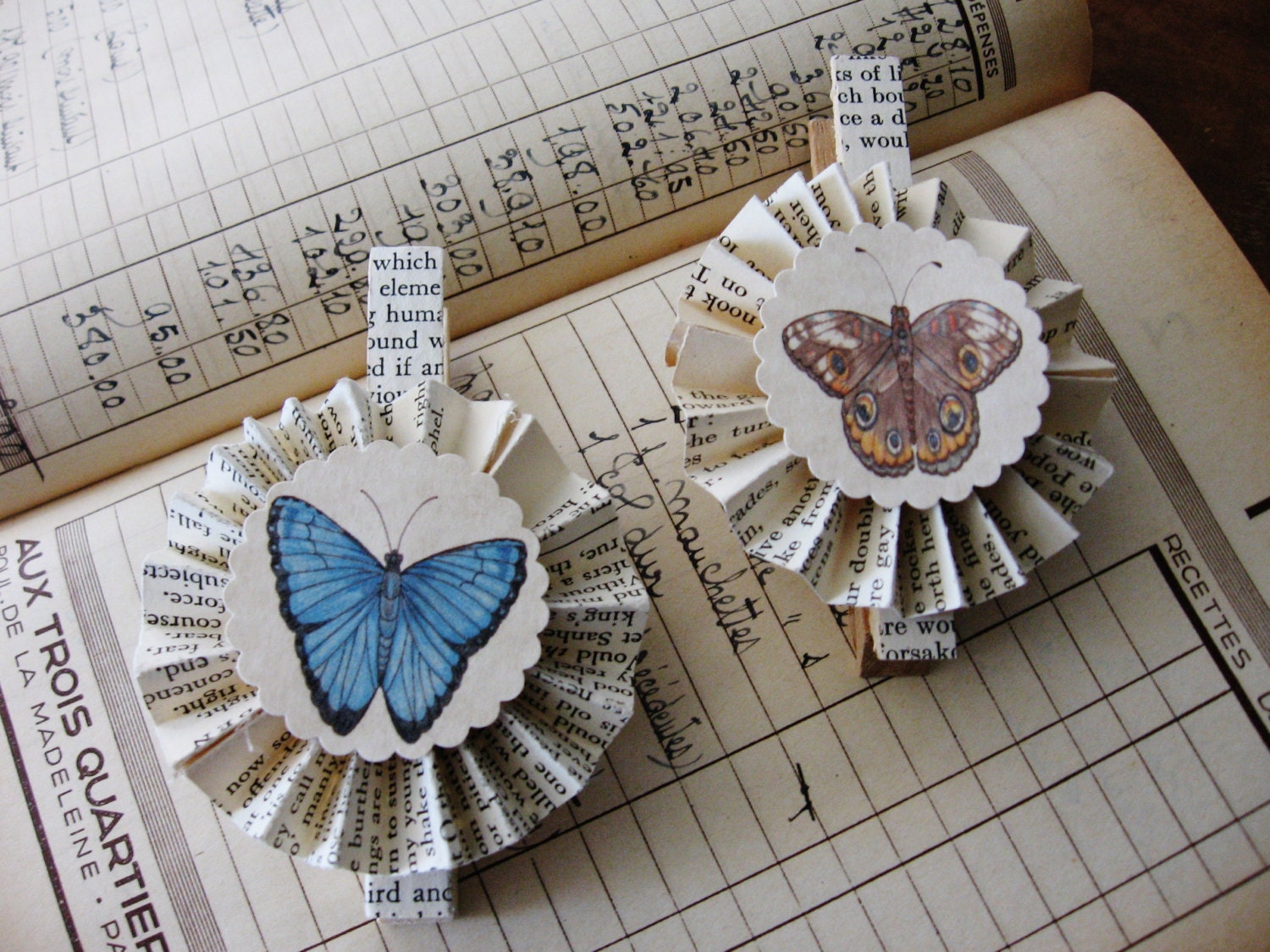 Vintage Paper Rosette Clothespin Magnets Set of Two Butterflies 2
