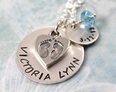 Personalized Necklace for New Mom, Birthstone Necklace, Mommy Necklace, Sterling Silver Jewelry, Footprints Necklace