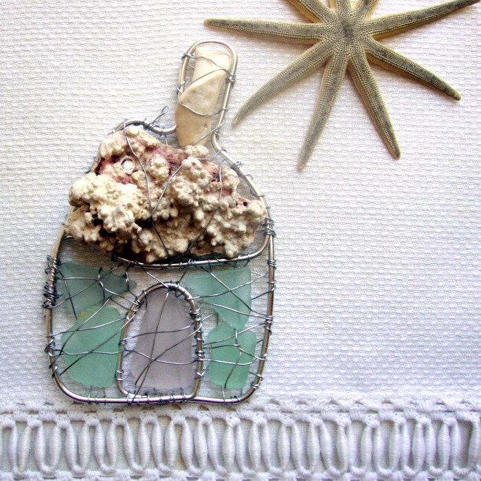 Pale Aqua Blue Seaglass and White Coral Cottage Suncatcher