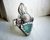 Unique Seafoam Green Beach Glass Ring with White Shells and Crystals