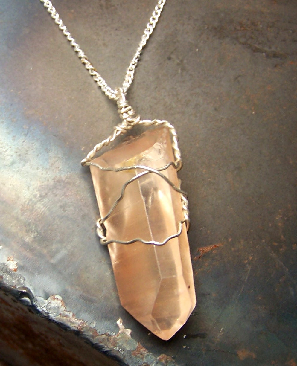Pink Lemurian - Wire wrap Crystal - Lemurian - Sterling Silver - peach  - Sterling Silver necklace pendant  - quartz crystal point