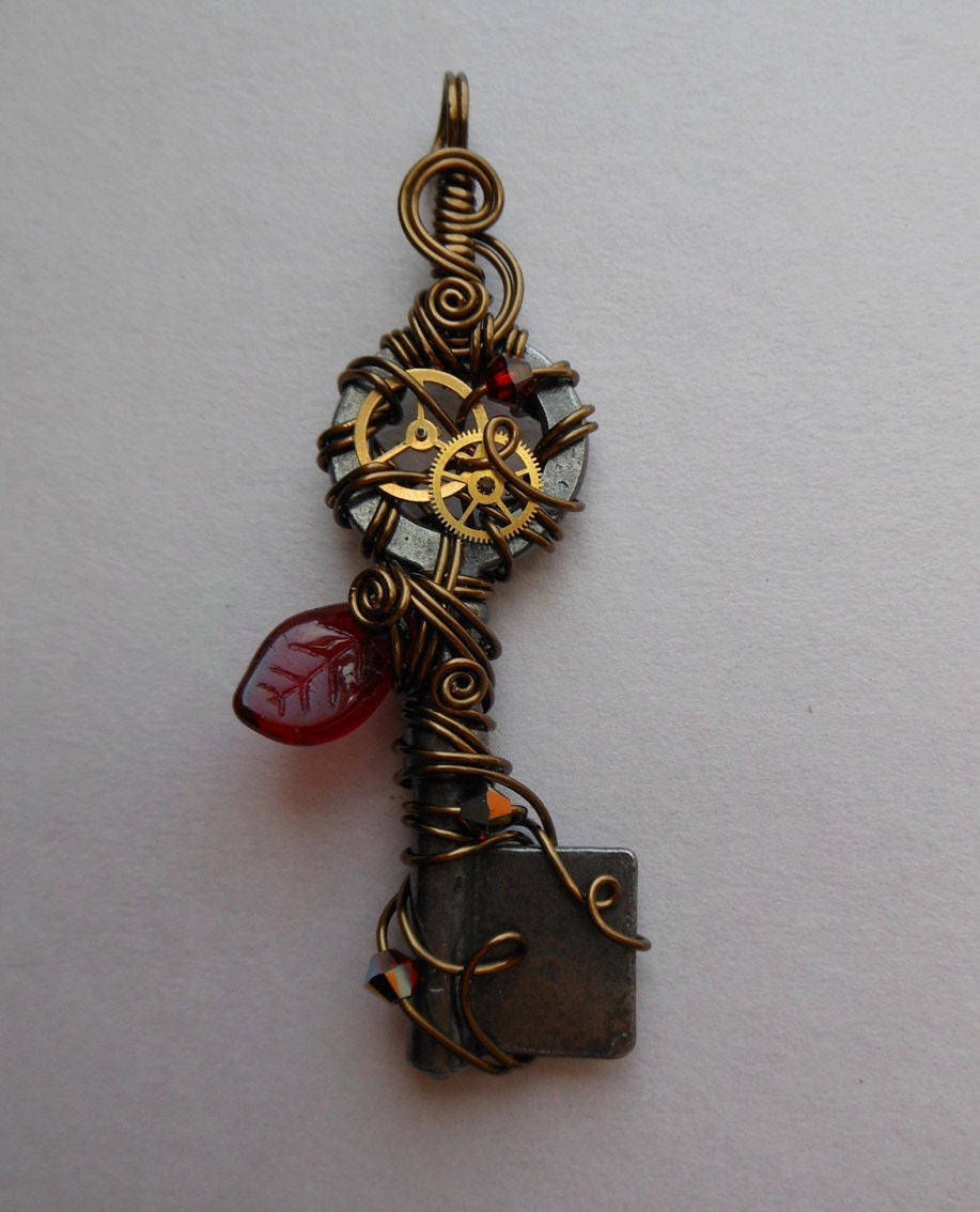 Red Leaf Key Pendant -- Steampunk Wire Wrapped Clockwork Key, Gears, Large Red Leaf and Crystals (A Key to Time)