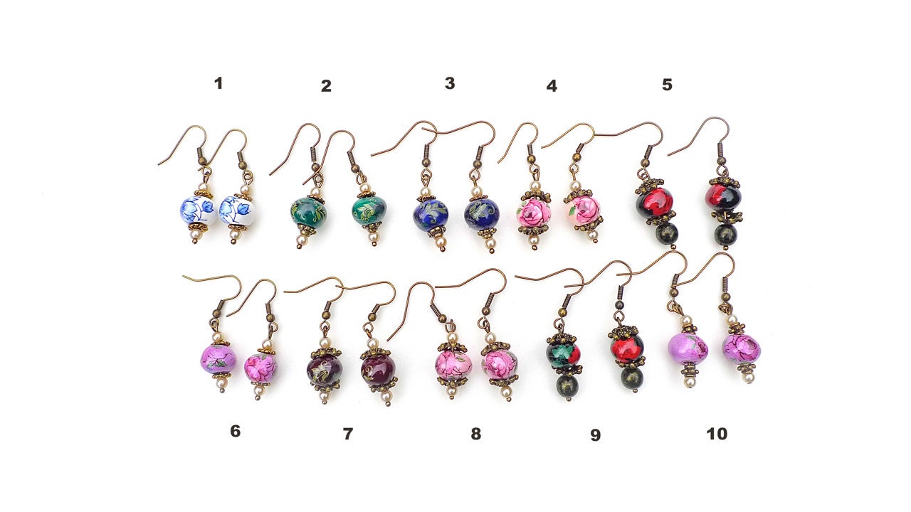 Antique style painted roses ceramic bead and pearl earrings