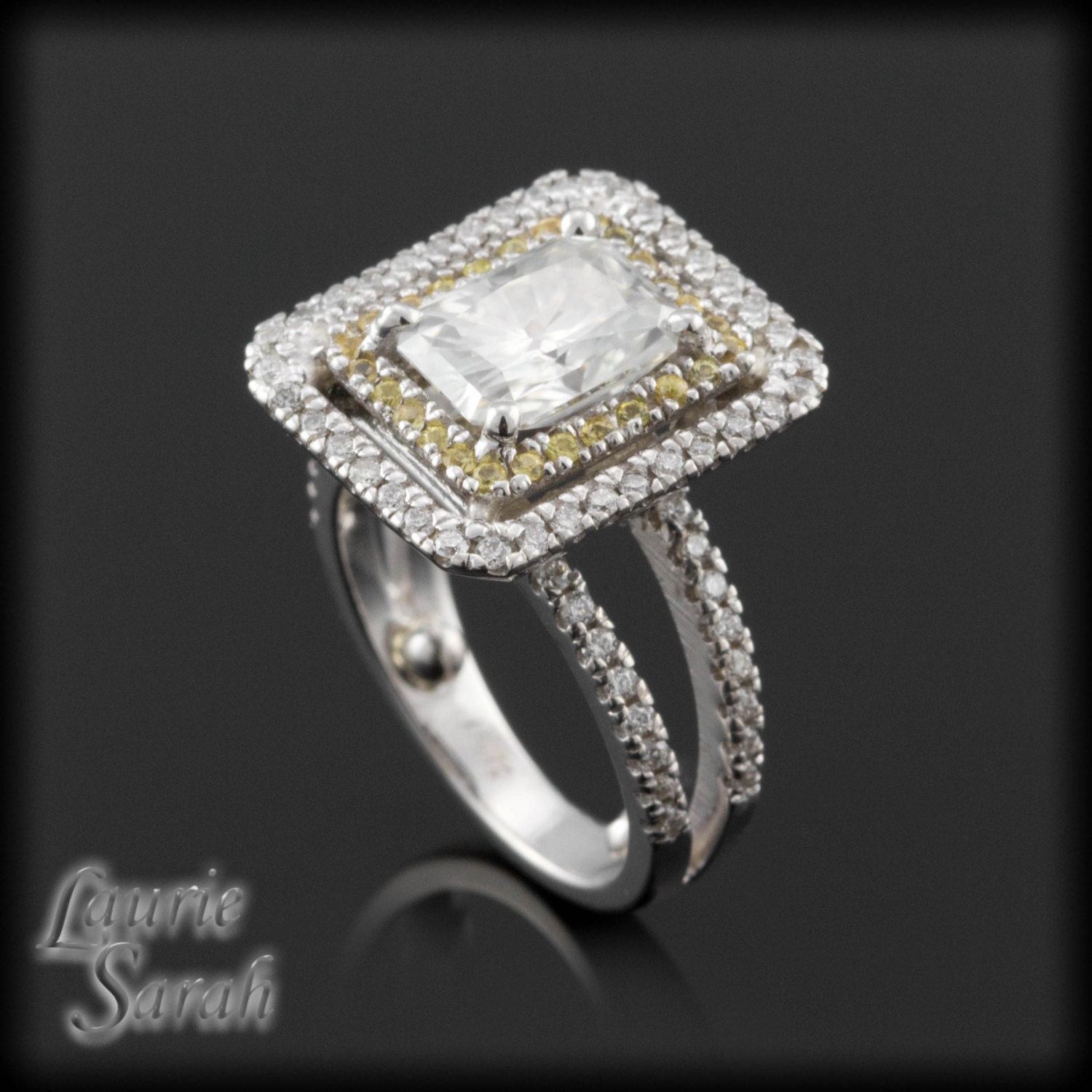 Radiant Cut Forever Brilliant Moissanite Ring with Yellow Sapphire and Diamond Double Halo - LS2836