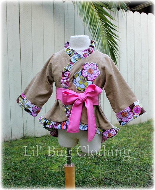 Custom Boutique Clothing Girl Khaki Corduroy Spring Floral  Ruffled Jacket