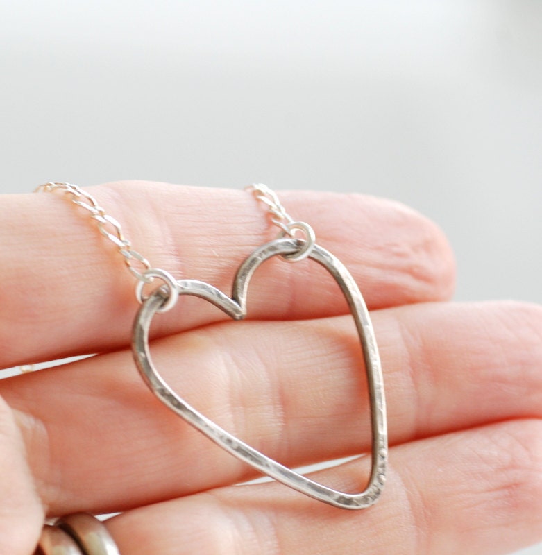 Wire Heart Necklace, Metalwork Necklace, Sterling Silver Necklace, Hammered Heart Necklace, Valentine, Fashion Jewelry Under 50