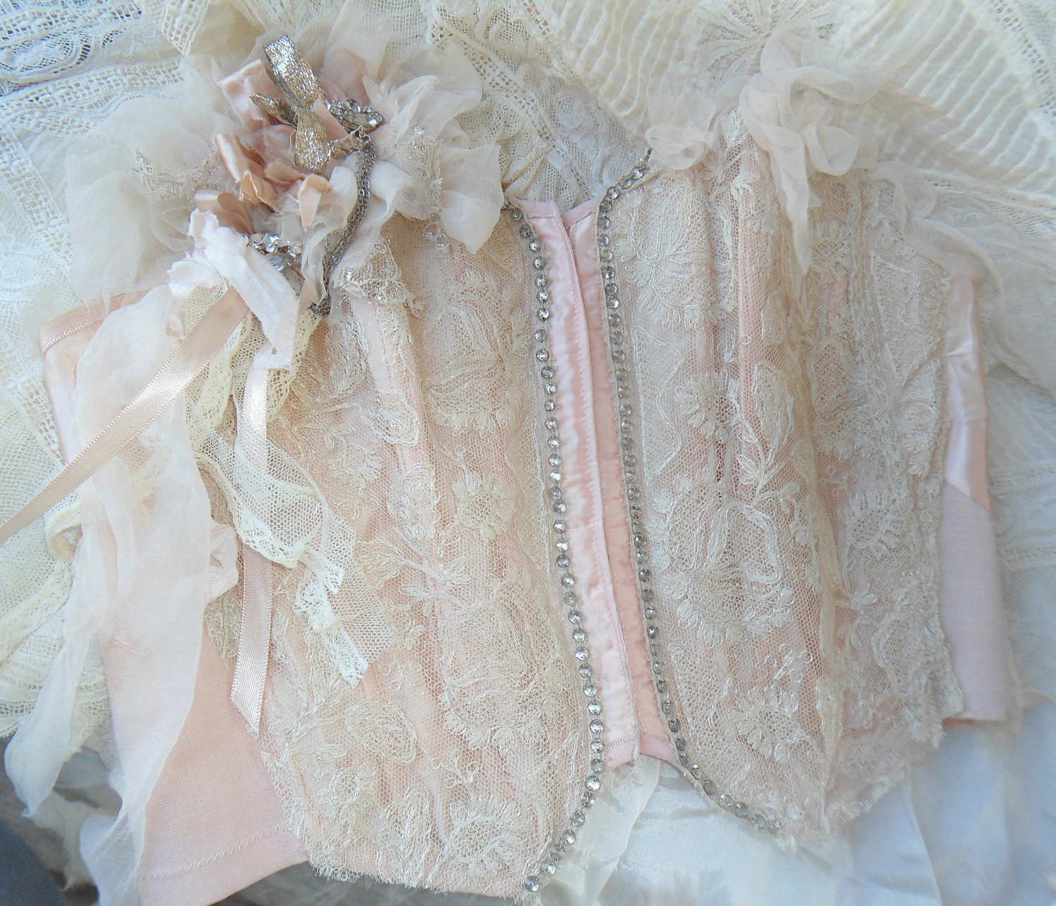 Vintage Peachy Pink Satin Corset Handsewn upcycled Bustier 32B